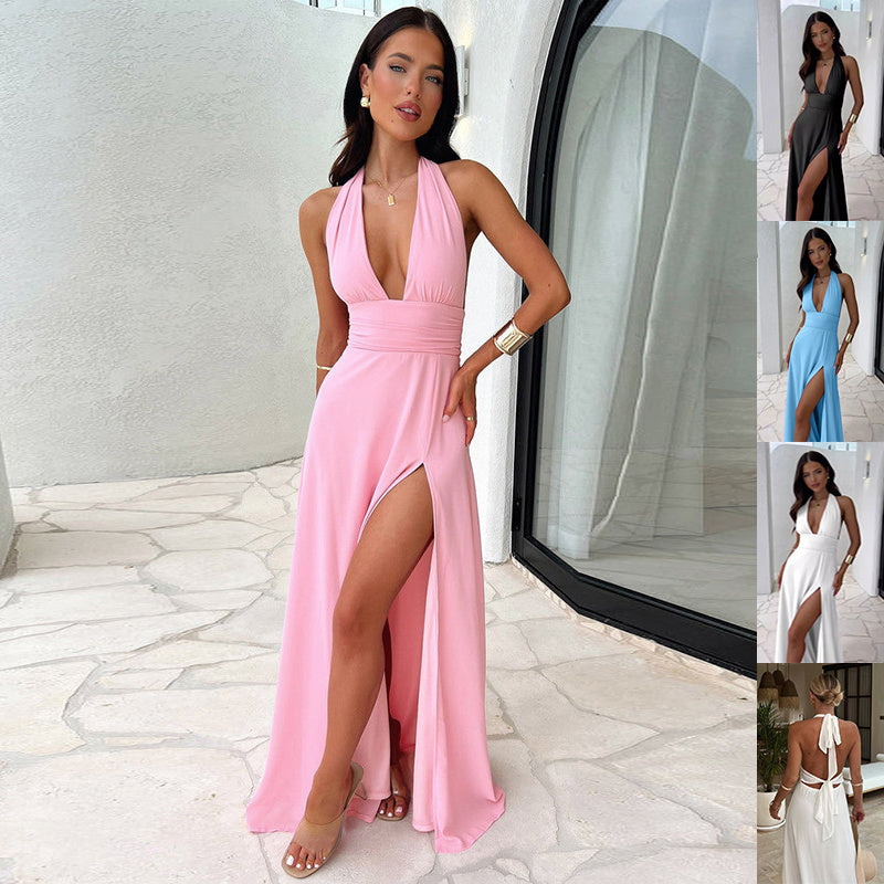 HAGA Slit Dress Summer Backless Strapy Skirt